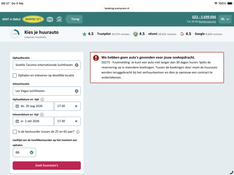 20273 - Foutmelding: Je kunt een auto niet langer dan 30 dagen huren.