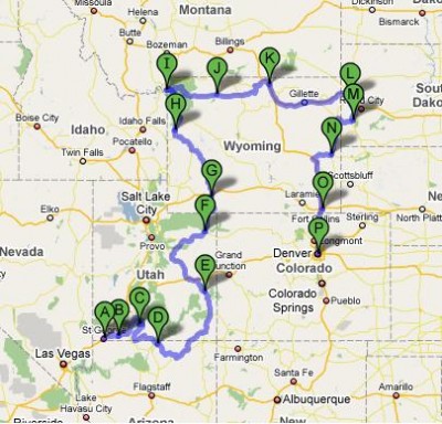 Dit is de route vanaf St George naar Denver, zoals hierboven beschreven staat.