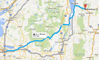 Kaart met route via Adirondack (blauw) en via Lake George/Saratoga Springs (grijs)